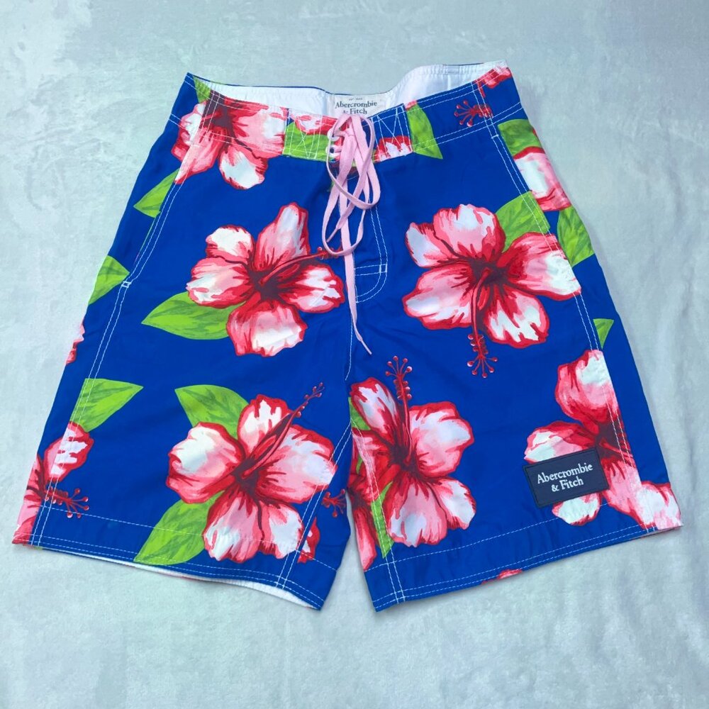 VTG Abercrombie & Fitch Board Shorts Men S Blue Hawaiian Hibiscus Colorful Y2K